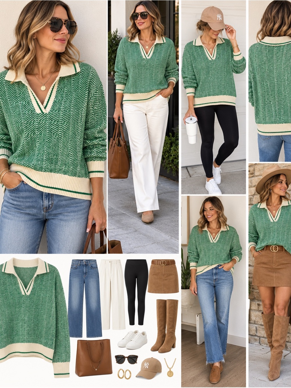 Size XL Green V-Neck Sweater with Cream Trim